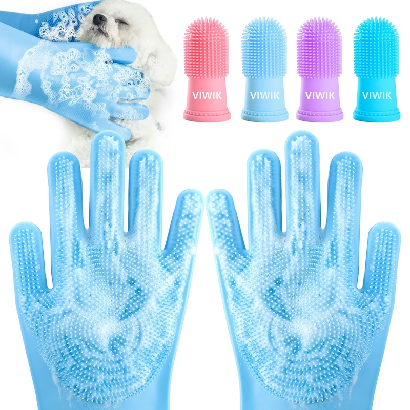 Dog Bath Gloves with 4Pack Dog Toothbrush, Dog Grooming Kit, Dog Finger Toothbrush for Small Breed, Medium Large Dogs, Silicone Dog washing Gloves with High-Density Teeth, Pet Grooming Gloves Blue