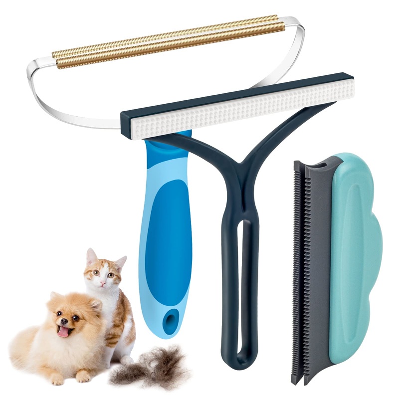 Dog Cat Hair Remover for Couch, 3PK Portable Dog Cat Hair Remover, Reusable Pet Hair Remover Carpet Scraper and Brush for Rug, Carpet, Blanket, Clothes, Car Mat, Pet Tower 8″ Blue