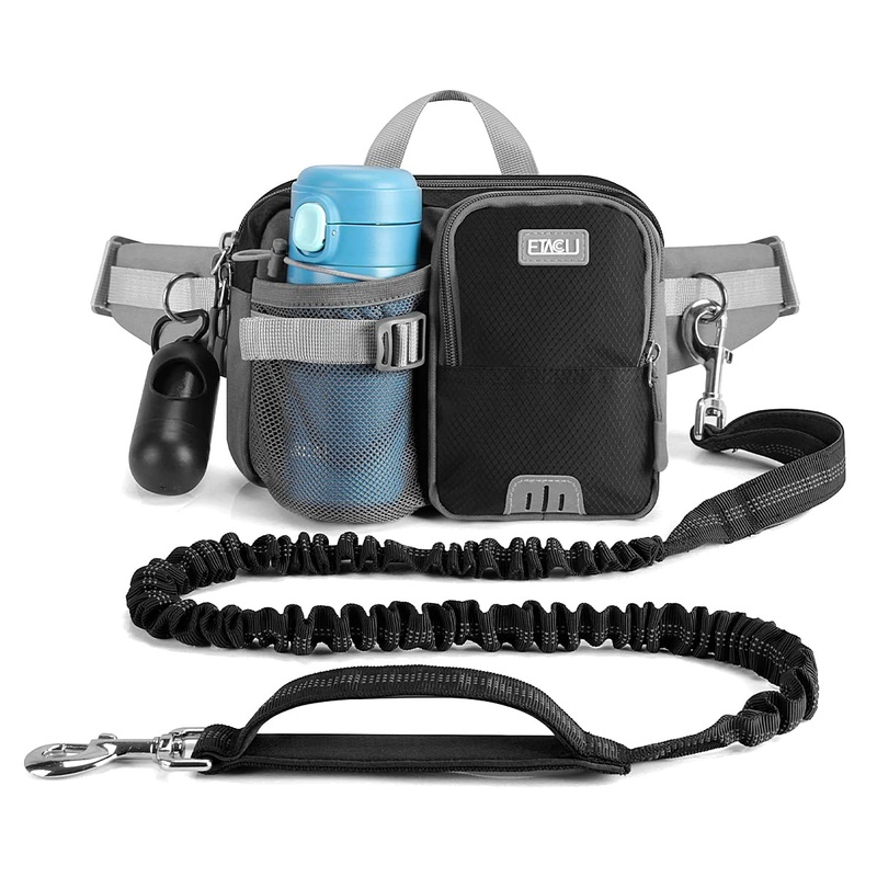 ETACCU Hands Free Dog Leash with Phone Pouch, Water Bottle Holder – Adjustable Waist Belt 19-38 Inch Belt Leash for Running, Reflective Shock Absorbing 37″-54″ Extendable Black