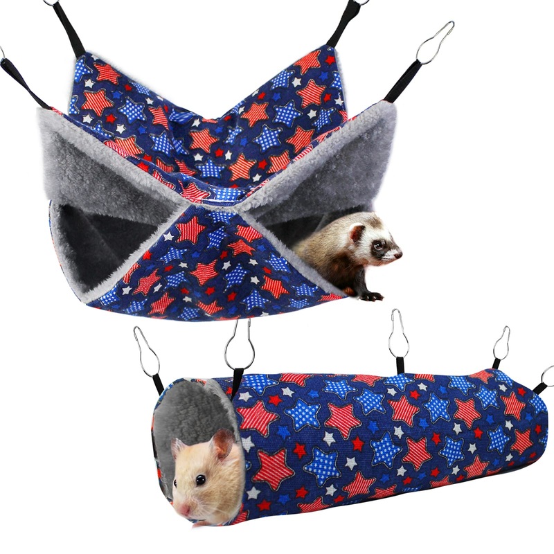 Ferret Rat Hammock Set Guinea Pig Hideout Bed,Soft Hamster Toys Hanging Tunnels and Tubes,Plush Small Animal Pet Chinchilla for Cage Accessories Hide,Play and Sleep,2 Pack,Blue Star Blue