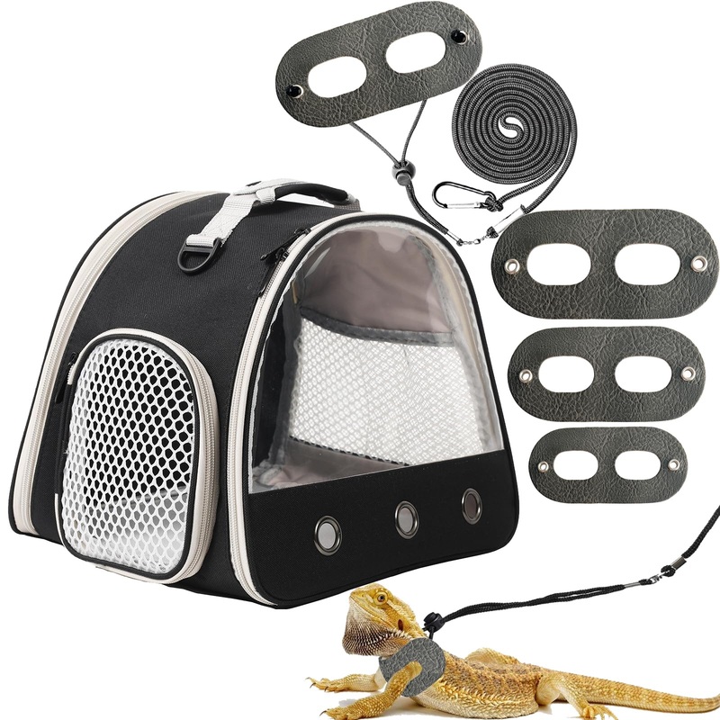Guinea Pig Carrier,Guinea Pig Carrier for 2,Reptile Travel Carrier for Lizards Sugar Glider Hedgehog Rat Parrot Birds (Black, Carrier+Harness Leash) Black