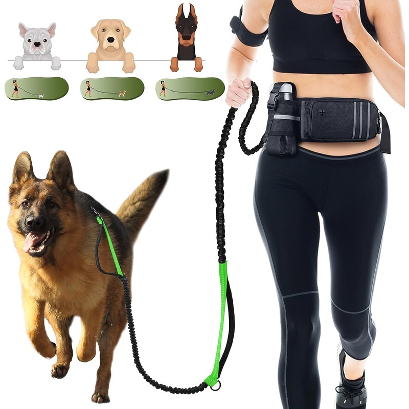 Hands Free Dog Leash for Medium and Large Dogs with Waist Belt Pouch Leash 55-78″ Running Dog Leash for Training Hiking Jogging Running Walking with Double Hand Loops Reflective Stitches Green Black Green