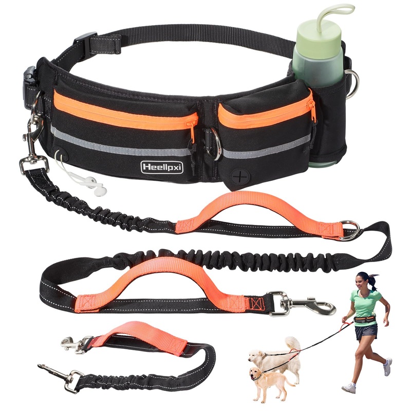Hands Free Dog Leash for Medium Large Dogs30lb-130lb Multifunctional Waist Pack, Reflective Stitching | Retractable Running Leash for Training Hiking Jogging | Dual Handle Bungee | Orange