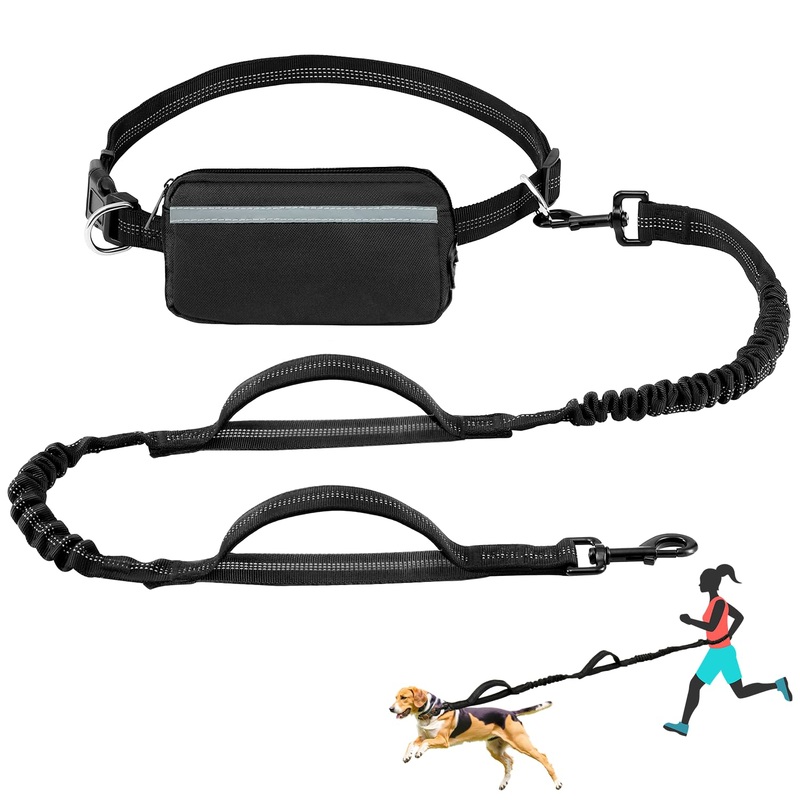 Hands Free Dog Leash with Zipper Pouch, Waist Dog Running Leash with Adjustable Waist Belt and Dual Handle, Reflective Bungee Hands Free Leash for Medium to Large Dogs (Black) Black