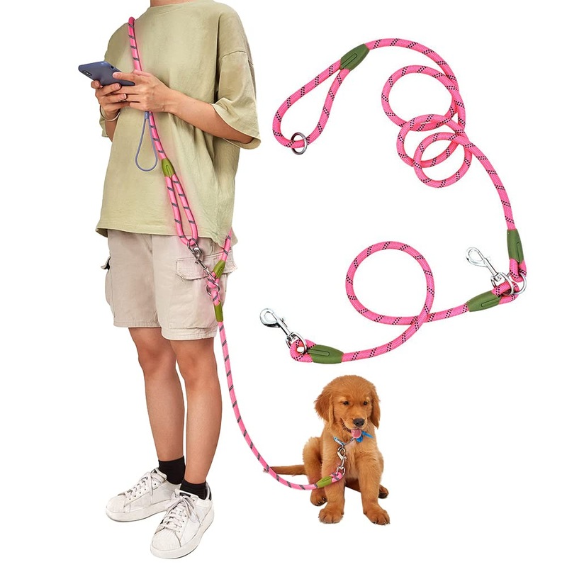 pawstrip Hands Free Dog Leash Waist & Crossbody Rope with Slip Lead Durable for 2 Dogs Nylon Reflective Heavy Duty Hiking Bungee Leash for Small Large Dogs (Pink) Pink