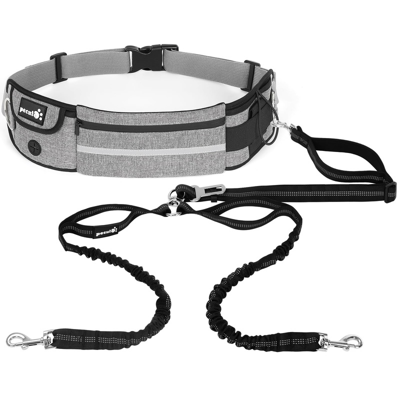 Pecute Hands Free Dog Leash 2 Dogs, Waist Belt Fanny Pack with Soft Padded, Dual Dog Leash with Pouch, 3 Padded Handles, Durable Bungee, Double Dog Leash for Running Walking Hiking Jogging Biking Gray-new