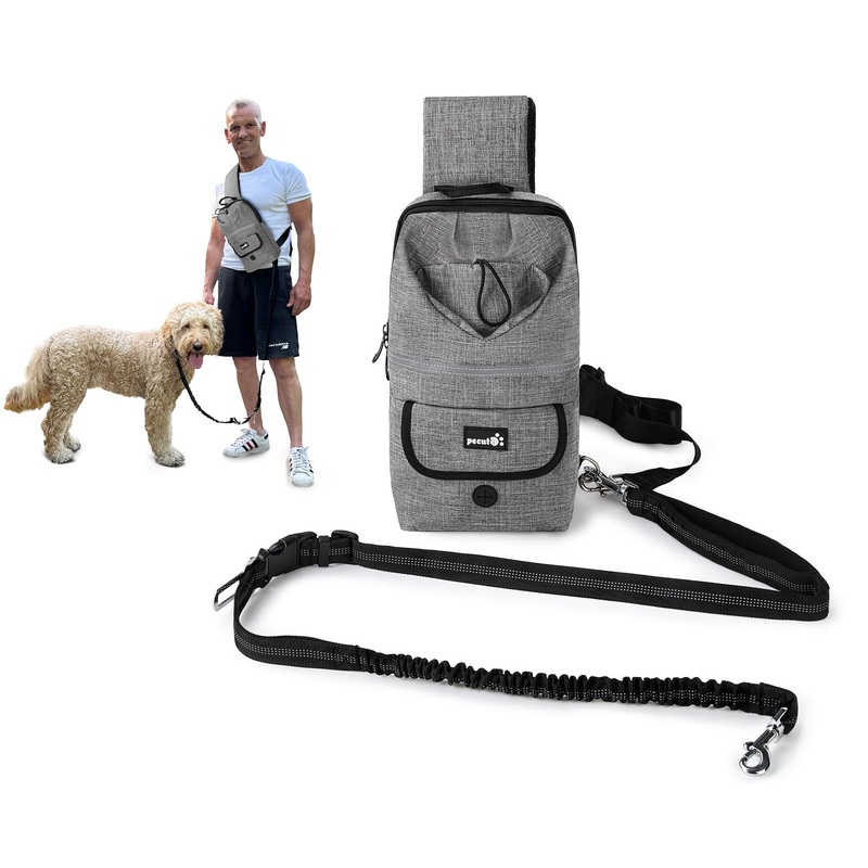 Pecute Hands Free Dog Leash, Multifunctional Crossbody Rope with Bag, Elastic Nylon Double Hands Free Leash with Pouch for Large Dogs, Reflective Shock Absorbing Bungee Walking, Jogging and Running