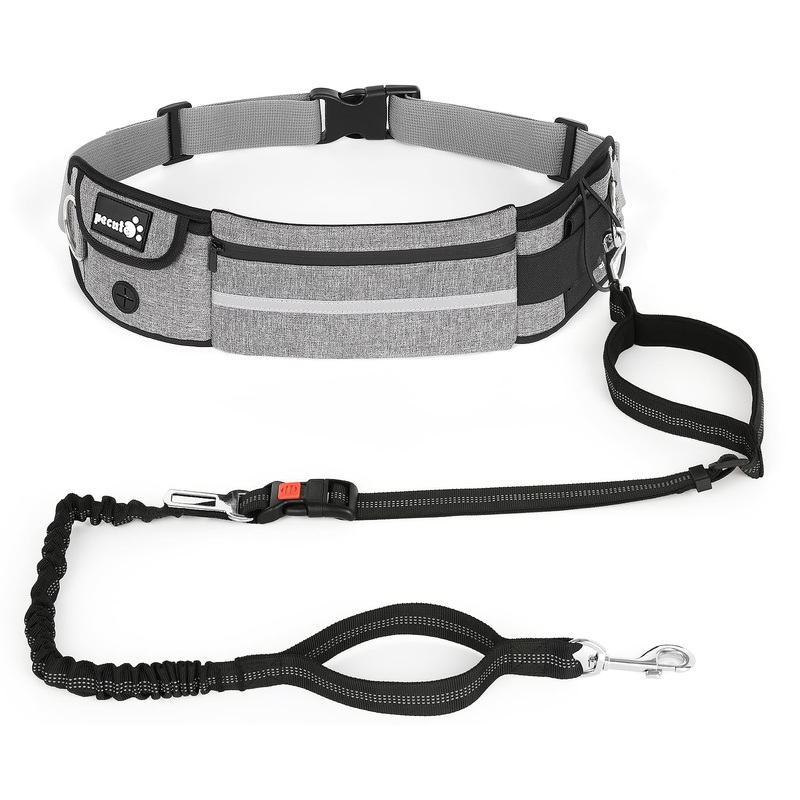 Pecute Hands Free Dog Leash with Pouch, Waist Belt Fanny Pack with Soft Padds, Dual Padded Handles and Durable Bungee for Walking, Hiking, Jogging Biking, and Running (Up to 220lbs) Grey 2.0