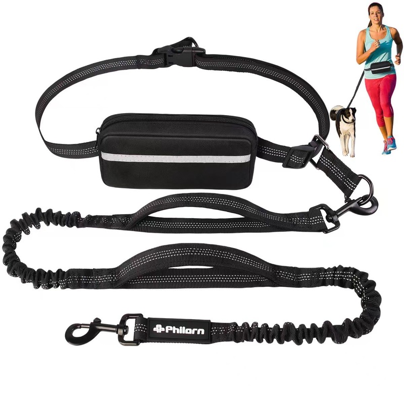 Philorn Hands Free Dog Leash with Pouch, Adjustable Waist Leash for Dog Walking, Running Leash for Medium Large dogs, Waist Dog Leash with Dual Handles and Durable Bungee for Jogging Hiking – Black