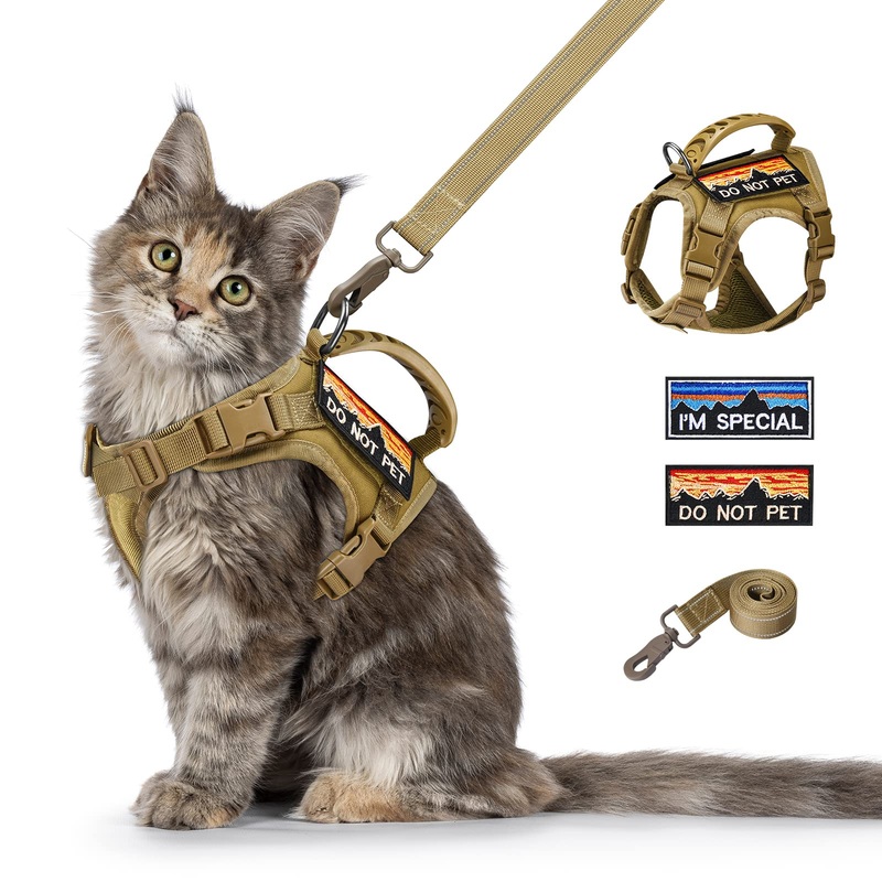 Tactical Cat Harness and Leash for Walking Esacpe Proof,Adjustable Soft Mesh Large Cat Vest with Rubber Handle Easy to Control,Molle Pathes L A-khaki