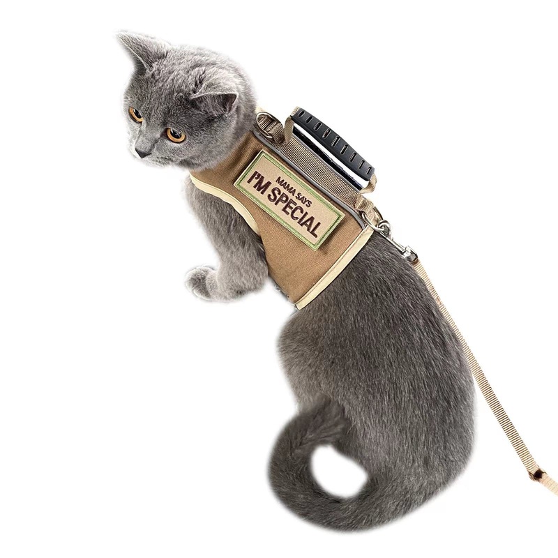 Tactical Cat Harness and Leash for Walking Escape Proof, Adjustable Cat Walking Jackets, Padded Stylish Cat Vest, Khaki, Medium M 5.5-9LBS Solid Khaki