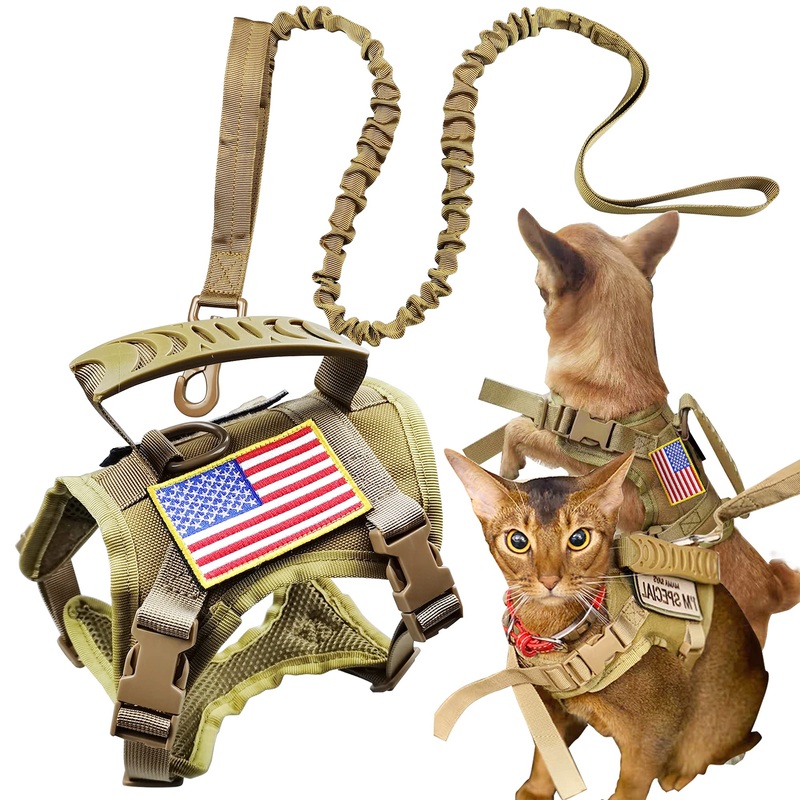 Tactical Cat Harness and Leash for Walking Escape Proof, Adjustable Military K9 Pet Vest Harness Easy Control for Large Cat, Puppy and Small Dog (Coyote Brown) Coyote Brown