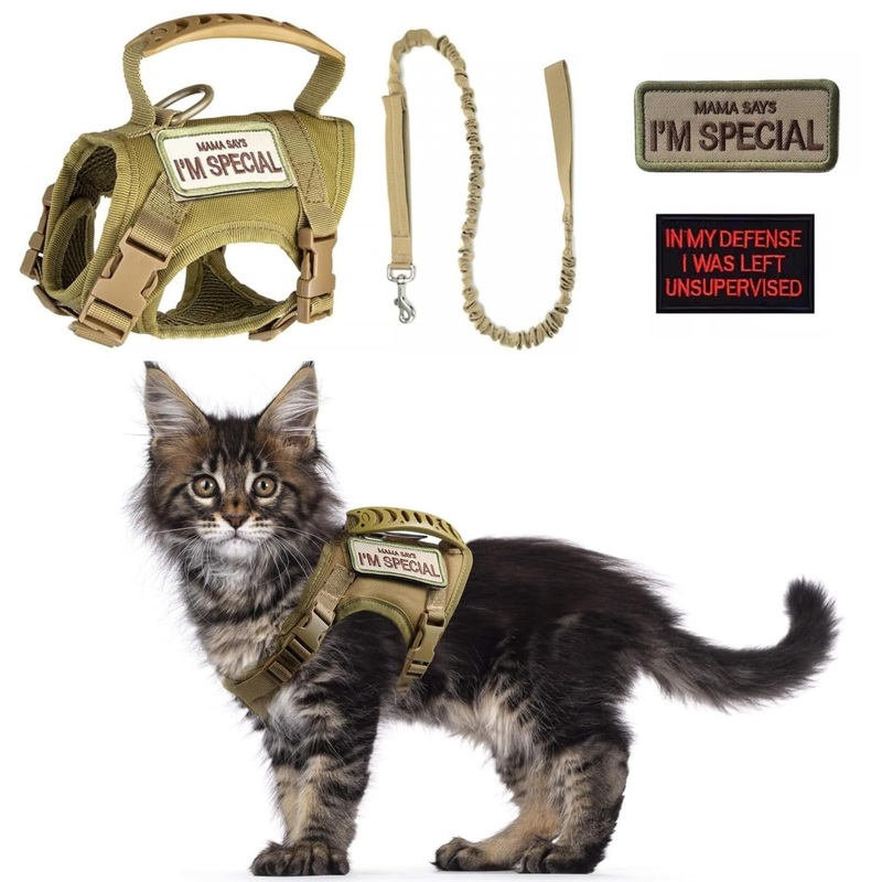 Tactical Cat Harness and Leash Set for Walking Escape Proof Adjustable Large Cat Vest Harness with Patches Soft Mesh Padding Rubber Handle Easy to Control (Khaki Harness & Leash) Khaki Harness & Leash