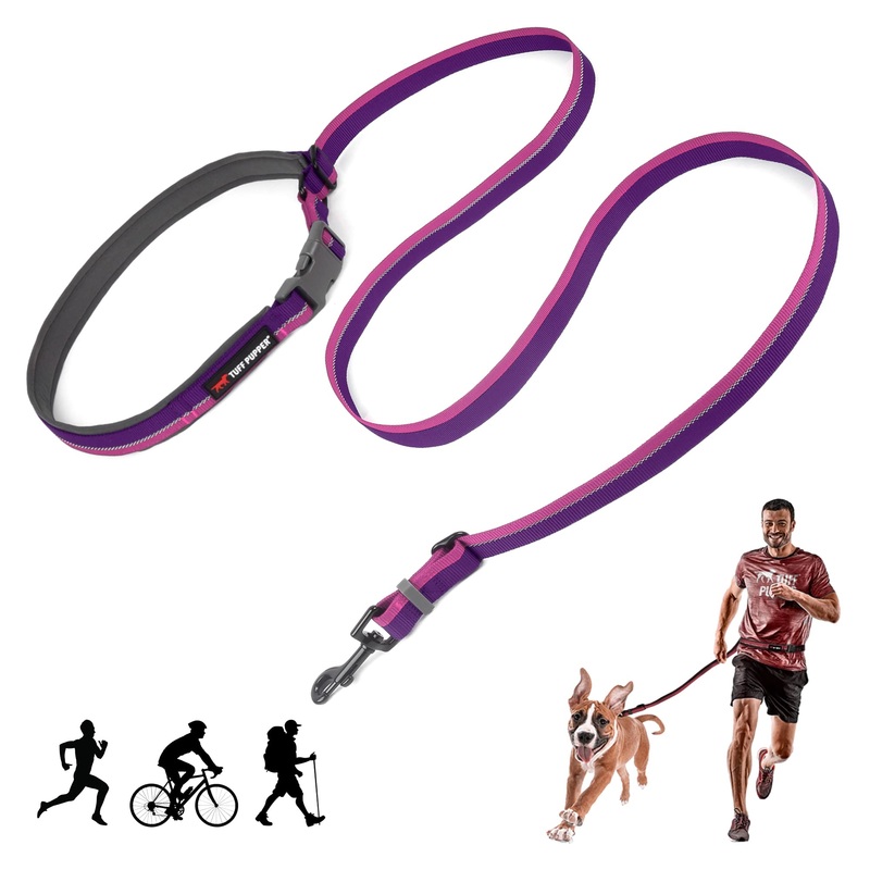 Tuff Pupper Hands Free Adjustable Length Dog Leash | Lightweight for Running Jogging Walking | Padded Waist Belt (24-50 inch) | Adjusts 3 to 6 Feet Length | Strong Ballistic Nylon w/Reflective Strips Punch Purple