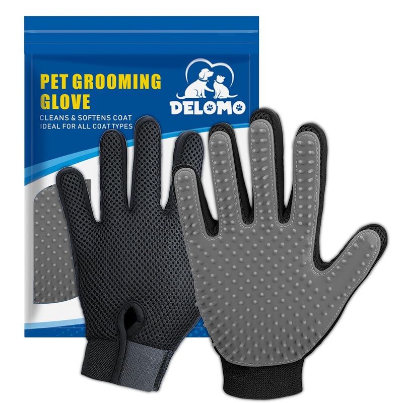 Upgrade Version Pet Grooming Glove – Gentle Deshedding Brush Glove – Efficient Pet Hair Remover Mitt – Enhanced Five Finger Design – Perfect for Dog & Cat with Long & Short Fur – 1 Pair (Gray) Gray-1 Pair
