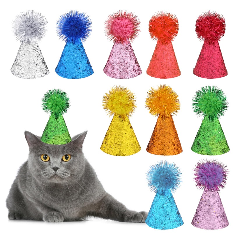 10 Packs Cat Birthday Hat, Dog Party Hats, Multi-color Cat Hats, Mini Party Hats, Cute Puppy Hat with Pompons, Adjustable Headbands Birthday Hats for Kittens Rabbits Dogs Small Animals Friends