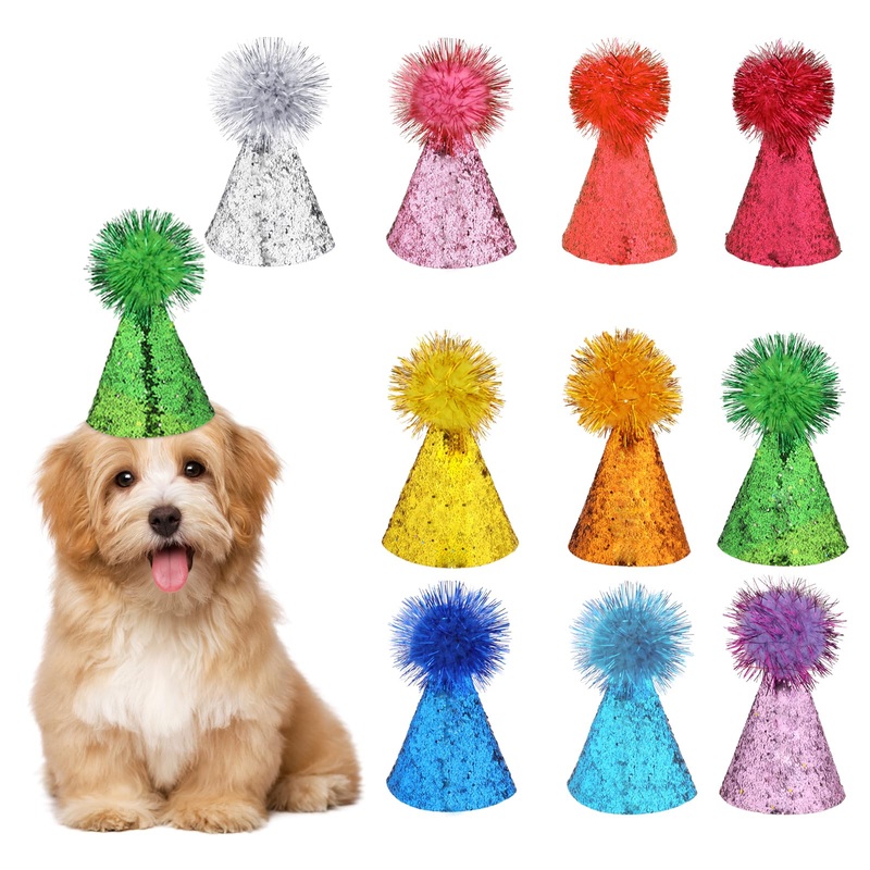 10 Pieces Mini Dog Hats Set, Multi-Color Cat Birthday Hat Adjustable Dog Birthday Party Hats with Pompons for Pets Dogs Rabbits Cats Stuffed Animals Party Costume Accessories