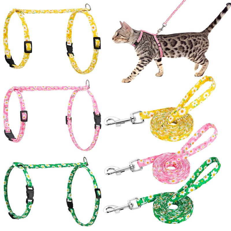 3 Pack Cat Harness and Leash Set, Flowers Adjustable Cat Harness Escape Proof Cute Kitten Harness for Small Medium Cats