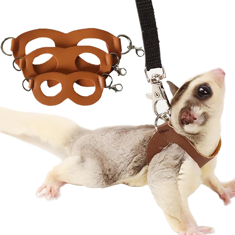 3 Pack Sugar Glider Harness and Leash Set Small Animal Training Walking Vest for Squirrel Hamster Rat Brown