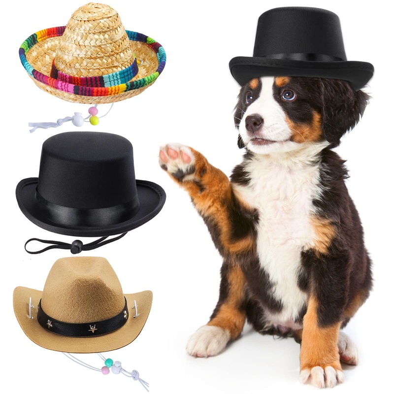3 Pieces Pet Hat Pet Formal Top Hat Mexico Sombrero Hat Cowboy Hat Dog Cat Pet Costume Hat for Halloween Party Photo Props Supplies one Size