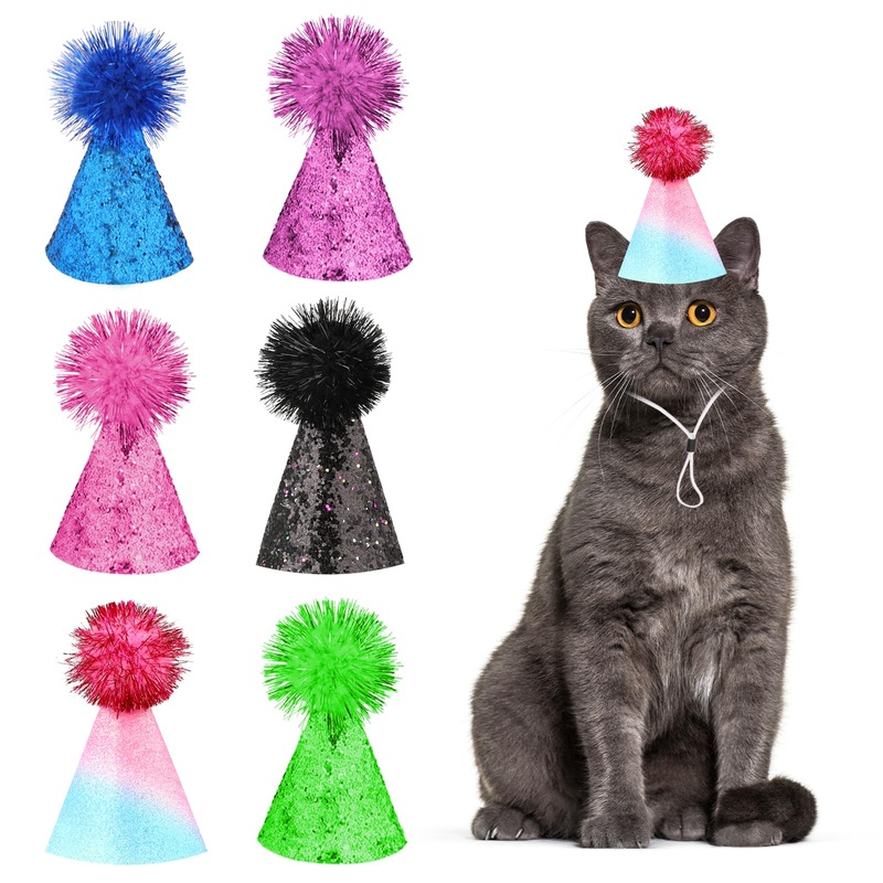 6 Packs Cat Birthday Hat, Dog Party Hats, Multi-color Cat Hats, Mini Party Hats, Cute Puppy Hat with Pompons, Adjustable Headbands Birthday Hats for Kittens Rabbits Dogs Small Animals Friends(Color B)