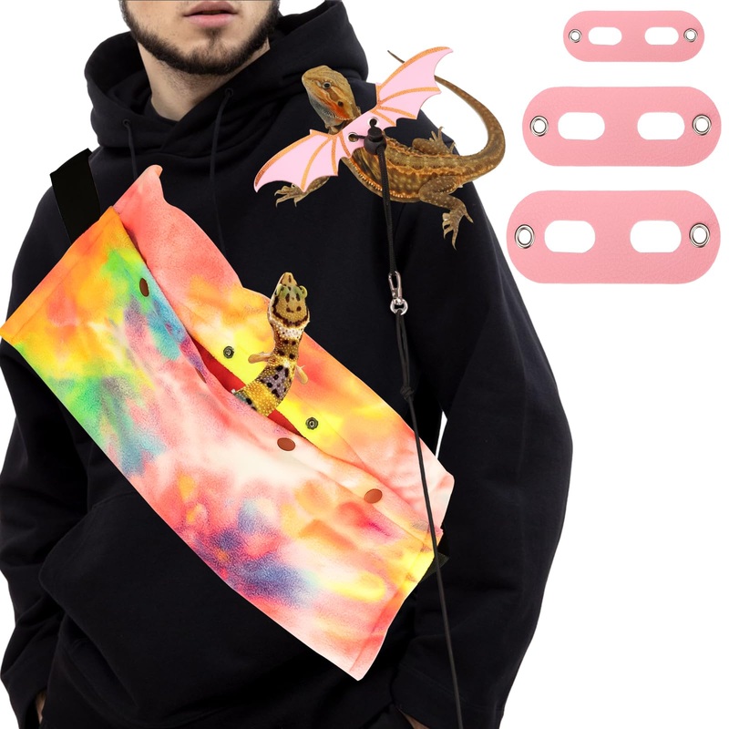 Bearded Dragon Carriers and Leather Leash with Wings,Bearded Dragon Leash Lizard Adjustable Harness,Small Pet Backpack Batwing Accessories for Outdoor Travel Walking Rest Pink