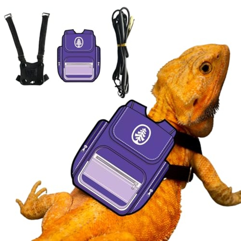 Bearded Dragon Harness Leash Soft Leather Harness with Backpack Patch Adjustable Strap Outside Walk Training Leash for Reptile Lizard Amphibians (Purple) Purple