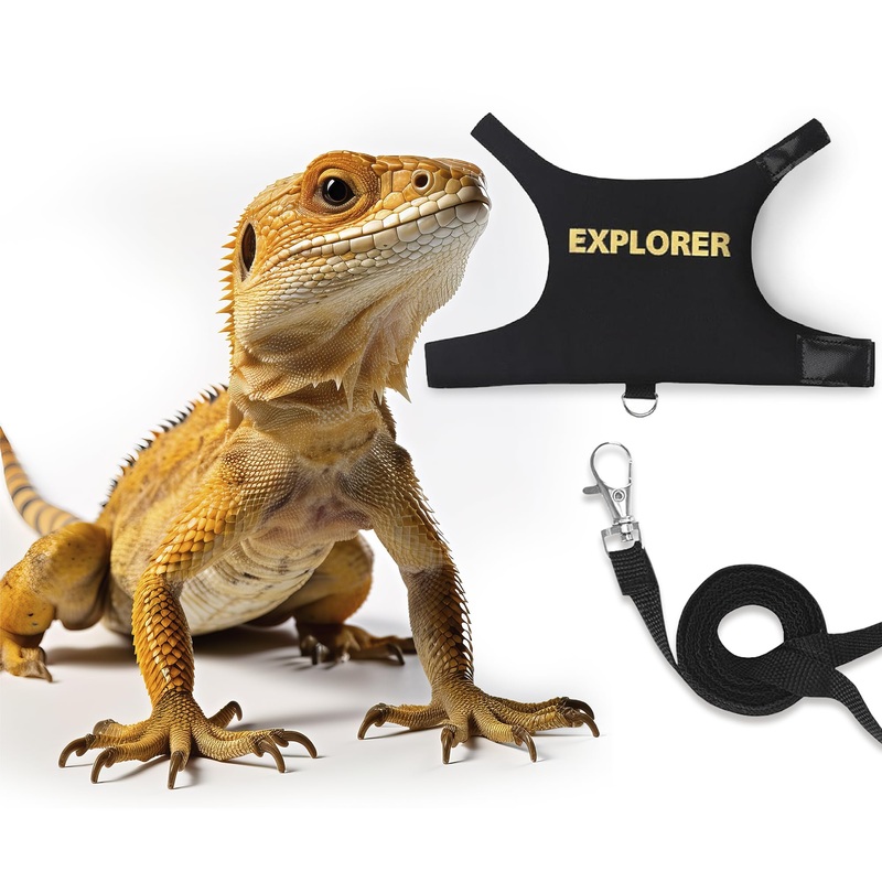 Bearded Dragon Leash and Harness Adjustable – Escape Proof Soft Leather Reptile Lizard Leash Harness with 5 ft Short Leash for Walking Outdoor