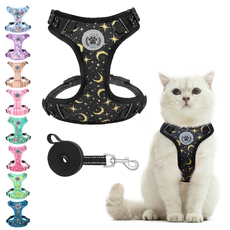 BEAUTYZOO Cat Harness and Leash Set for Walking Escape Proof, Neck Release Adjustable Harness for Kitten Puppy Small Medium Large Cats, Soft Cute Easy Control Small Cat Harness for Cats Boy and Girls S (Chest: 11 – 16″) Black