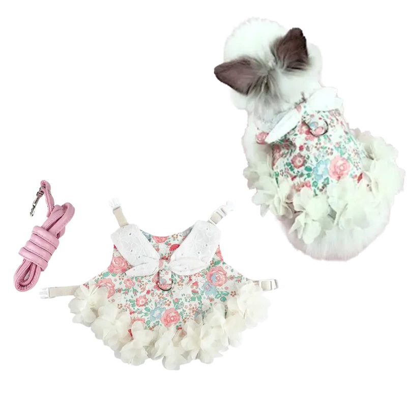 Bunny Rabbit Ferret Harness and Leash Set, Bunny Clothes for Rabbits, Small Animal Guinea Pig Dress Clothes for Kitten Ferret Chihuahua Puppy Mini Dog and Small Animals Harnesses (S, Flower) S