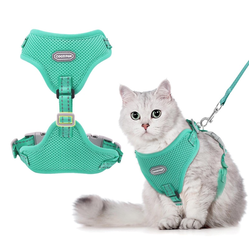 Cat Harness and Leash Set, Adjustable Soft Kitten Harness Breathable Mesh Cat Harness Escape Proof for Walking, Reflective Cat Vest Harness for Large Small Cat Kitten Puppy(Turquoise, M-2) M(Chest:14.2″-16″) Turquoise