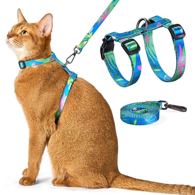 Cat Harness and Leash Set – Escape Proof Adjustable Cat Harness, Comfortable Soft Lightweight, Use Safe & Easy, Walking Travel Kitten Harness for Small Medium Large Cats (Hawaii Green) Hawaii Green
