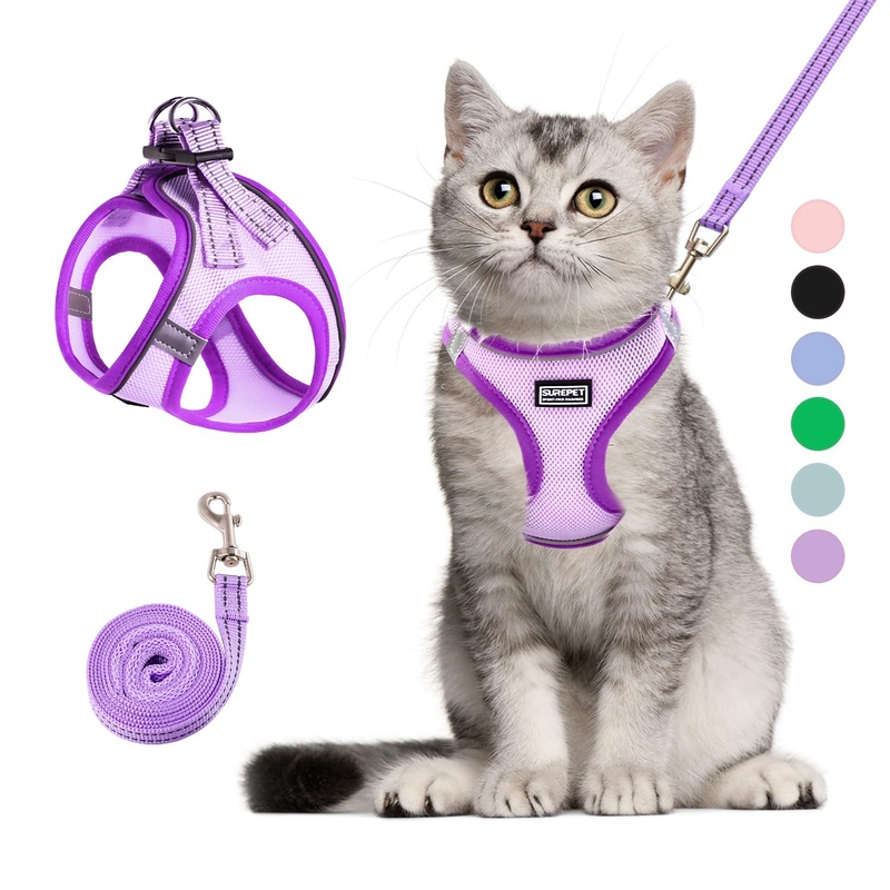 Cat Harness and Leash Set, Soft and Breathable Vest with Reflective Strip, Escape Proof Kitten Harness, Easy to Wear for Cats Walking and Traveling (Purple, M) M (Chest:15.5”-17”) Purple