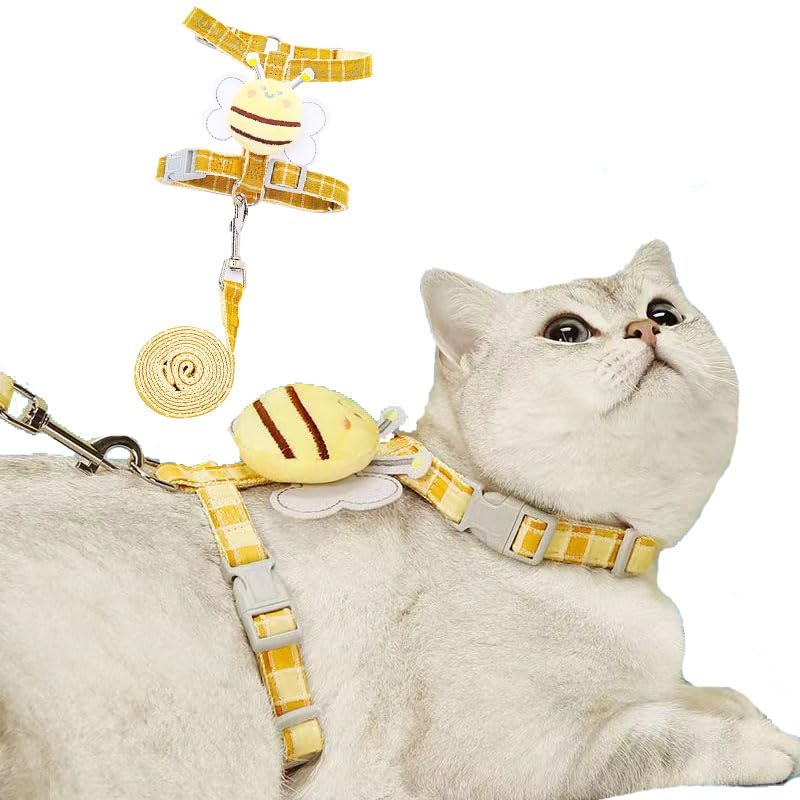 Cat Harness & Leash Set, Cats Escape Proof – Adjustable Kitten Harness for Large Small Cats, Cute Bee Plaid Lightweight Soft Petsafe Harness (Yellow Plaid Bee, S (for 3.0-6.5lb)) S (for 3.0-6.5lb) Yellow Plaid Bee
