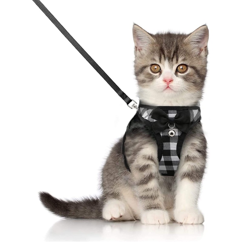 Cat Leashes and Harnesses for Walking,Breathable Soft Kittens Vest for Cats Dogs, Kitten Harness Escape Proof with Bell and Bow-Knot Decoration Christmas(XXS, Black-White) XX-Small