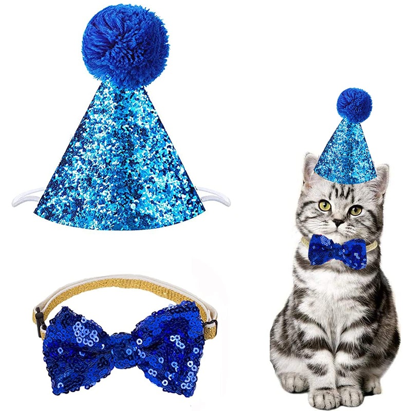 Christmas Pet Party Jazz Hat and Blingbling Bow Tie Breakaway Collar Set, Adjustable Headband for Kitten Puppy Small Dogs Cats (03 Sequin-Royal Blue) 03 Sequin-Royal Blue