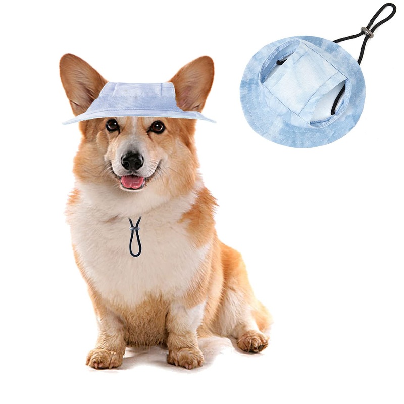 Dog Bucket Hats, Dog Round Cap with Ear Hole, Adjustable Outdoor Travel Sun Protection Sport Hat for Cat Small Medium Dogs Light Blue L