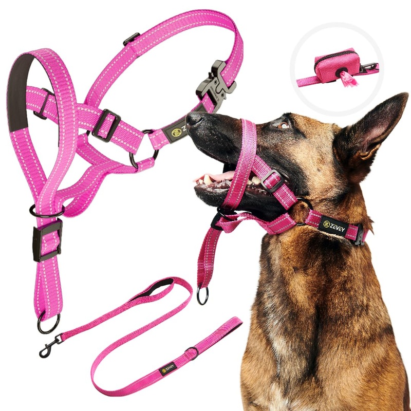 Dog Head Halter with Leash and Safety Strap Stops Heavy Pulling On The Leash Padded Reflective Headcollar for Small Medium Large Dogs Adjustable Head Harness for Training and Walking (XL, Pink) X-Large