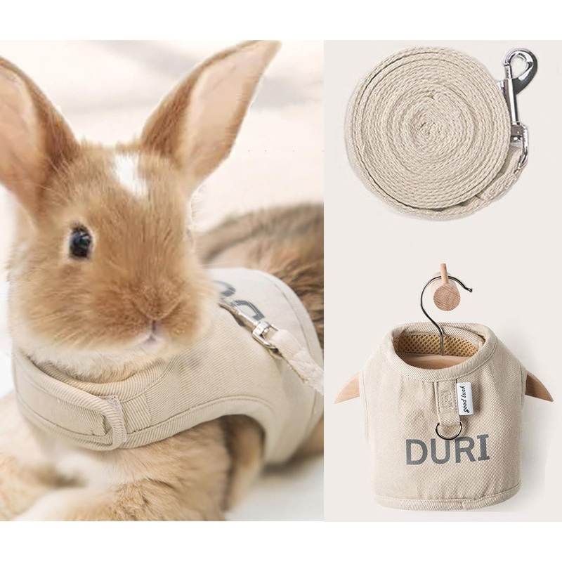 Rabbit Harness Leash Set Escape Proof Walking Gear Adjustable Reflective Letter Print Pet Vest for Bunny Dog Kitten Cat Ferret Small Animals (Medium,Khaki) Medium Khaki