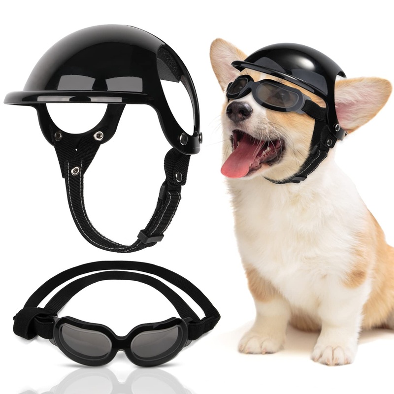 SlowTon Dog Helmet and Goggles – UV Protection Doggy Sunglasses Dog Glasses Pet Motorcycle Helmet Hat with Ear Holes Adjustable Belt Safety Hat for Small Medium Large Dogs Puppy Riding (Black, S) Black