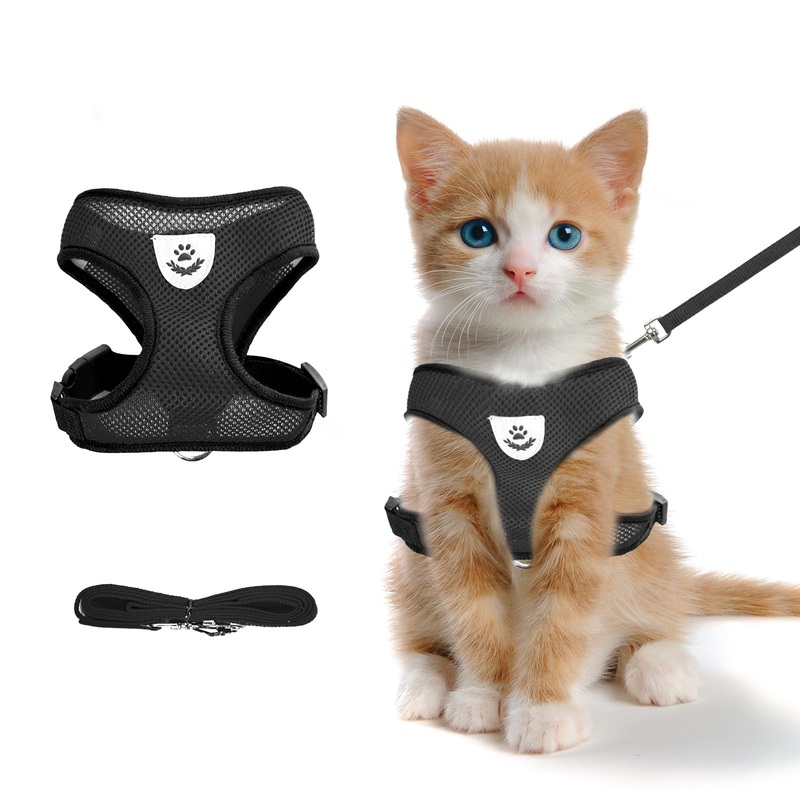 Summer cat Chest Harness and Leash, Anti-Escape Adjustable Soft mesh cat Leash and Chest Harness Set for All Types of Cats cat Vests (Size S,Black) black S(Neck:9.44″ chest:11.02″-14.96″)