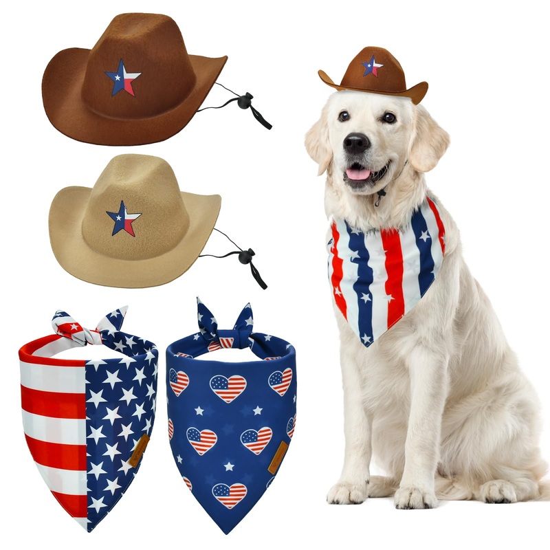 Vehomy 4th of July Pet Dog Costume – Dog Cowboy Hats with Star Dcor Independence Day Dog Bandanas with American Flag Pattern 4th July Pet Hat and Scarf Outfit for Dogs Cats (4Pcs)