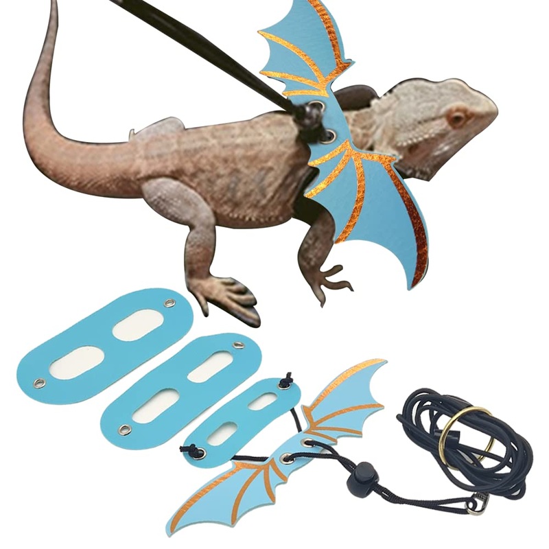 Adjustable Bearded Dragon Leash Harness,3 Size Pack Leather Wings Safty Walking Leash for Bearded Dragon Lizard Reptiles (Blue) Blue