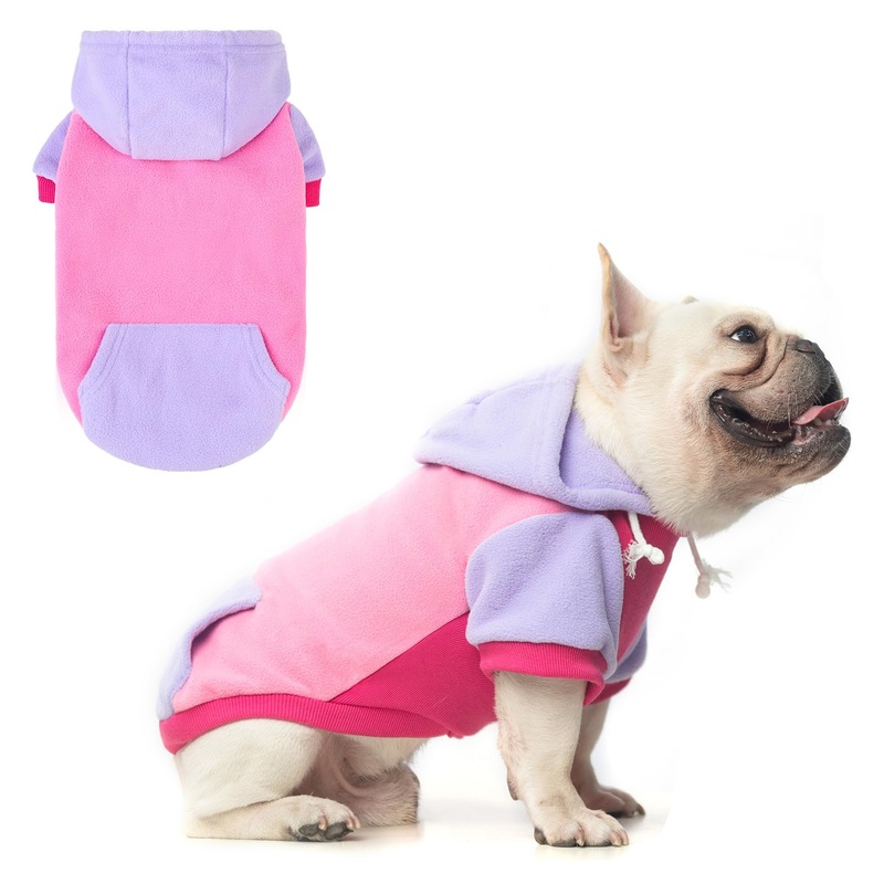 BEAUTYZOO Fleece Dog Hoodie Sweatershirt with Pocket and leash Hole, Stretchy Small Medium Large Sized Dogs Clothes for Fall Winter Cold Days, Color Designer Warm Dog Jackets,French Bulldog Coats M (Back: 16″,Chest: 22″, Neck: 13″) Pink