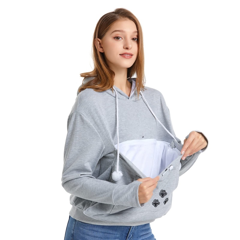 Cat Dog Pouch Hoodie Large Pet Pouch Sweatshirt Puppy Kitten Holder Carrier Pullover Shirt Unisex Hoodies X-Large Light Grey