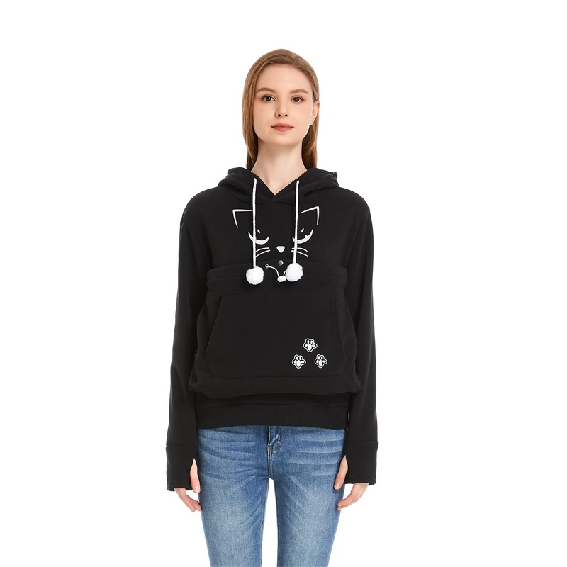 Cat Dog Pouch Hoodie Large Pet Pouch Sweatshirt Puppy Kitten Holder Carrier Pullover Top for Women 4X-Large Cat-black