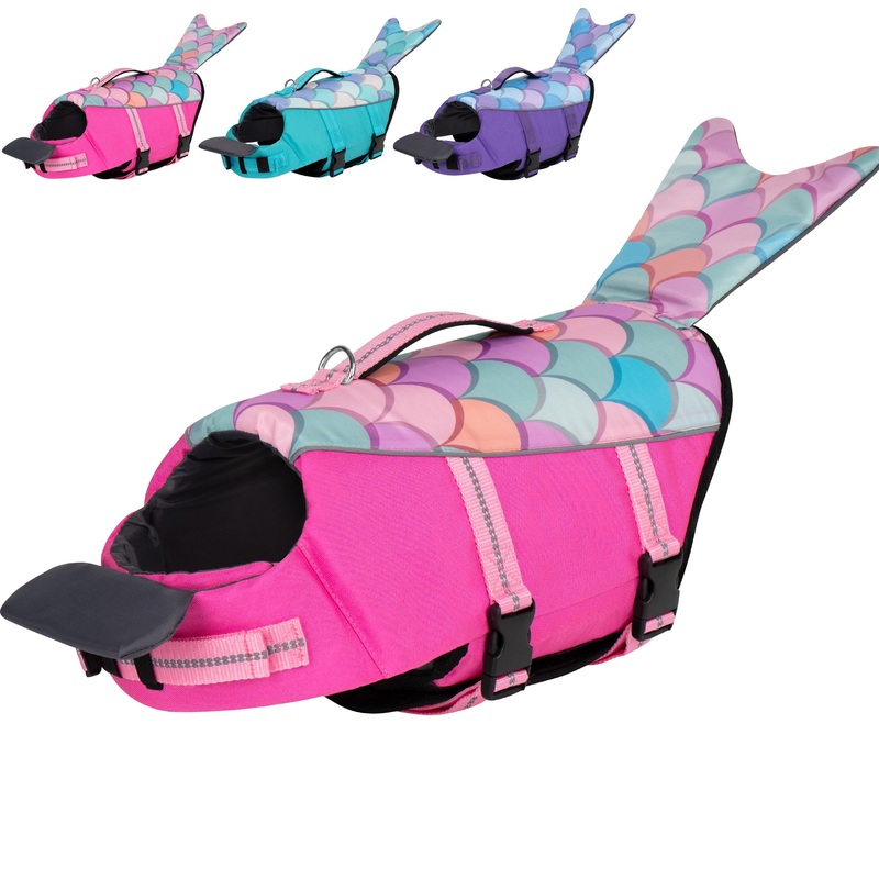 cyeollo Dog Life Jacket Mermaid Dog Safety Vest with Rescue Handle Refletive Strip Small Dog Life Vests for Swimming Boating, Pink S Small (Chest Girth: 18″-21″) 1# Pink Mermaid