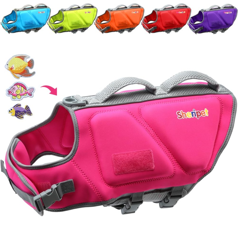 Dog Life Jacket for Large Dogs, Dog Life Vest for Swimming with Three Fashion Fabric PatchesDog Life Jacket with Reflective Stripes and Two Rescue Handle, Dog Flotation Vest, L RosePink