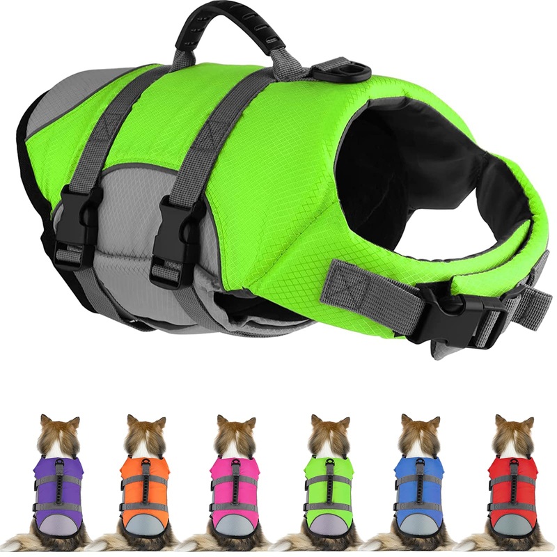 Dog Life Jacket, Reflective & Adjustable Dog Life Vest with Rescue Handle for Swimming and Boating, Ripstop Pet Safety Life Preserver for Small, Medium and Large Dogs Green X-Large