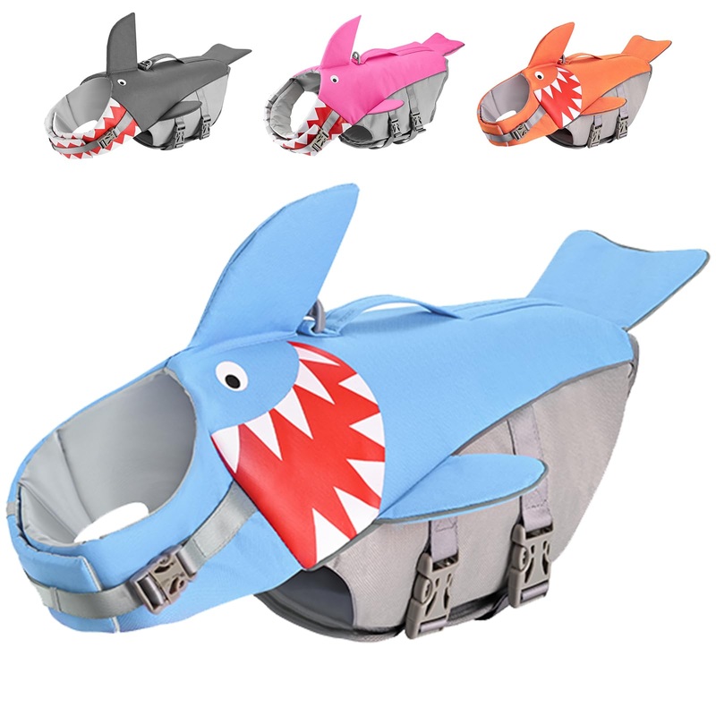 Dog Life Jacket Swimming Vest: Shark Dog Life Vest for Large Dogs, Adjustable Ripstop Pet Life Preserver for Swimming Boating – with Reflective Stripes & Rescue Handle (Blue) L Blue